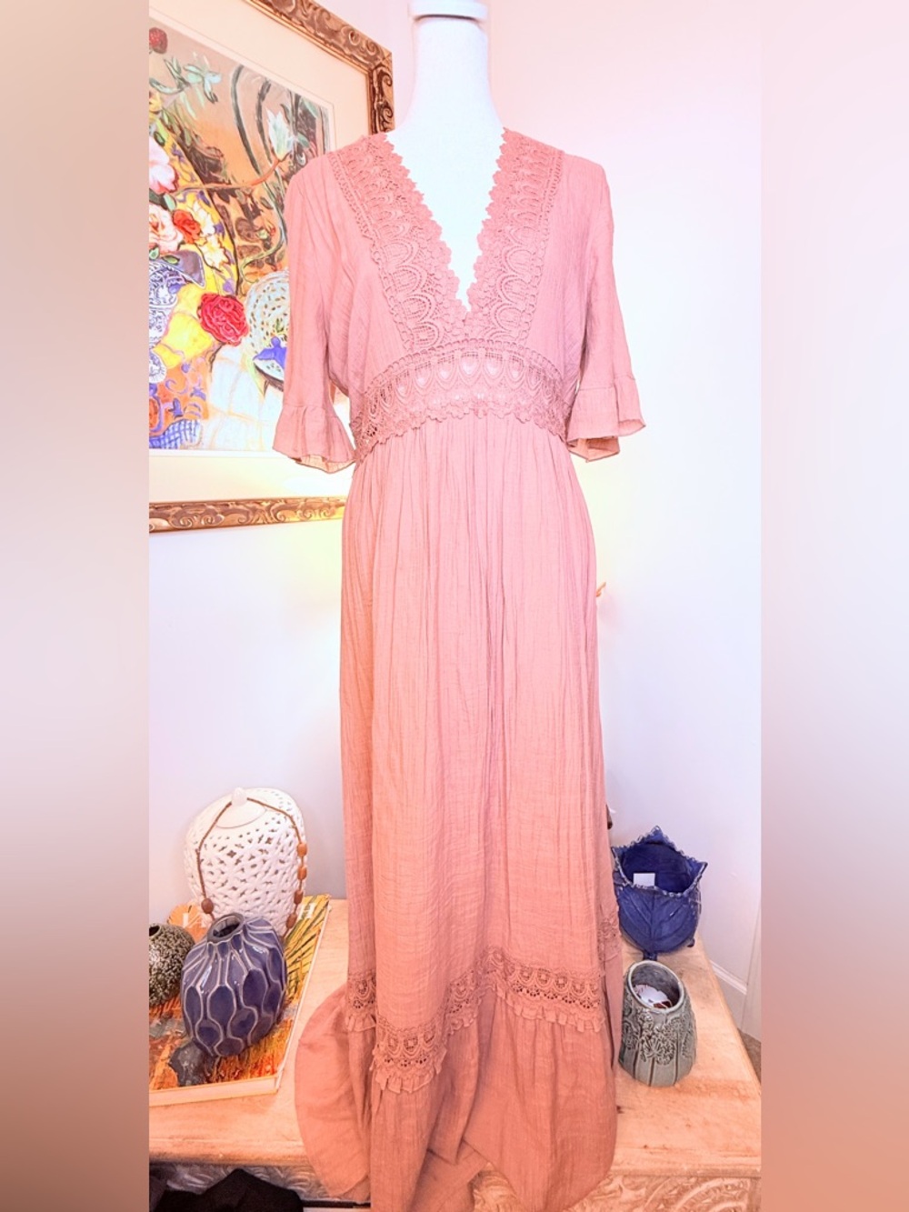 Wishlist Apparel Boho Maxi Dress Pink Lace Crochet Empire Waist L